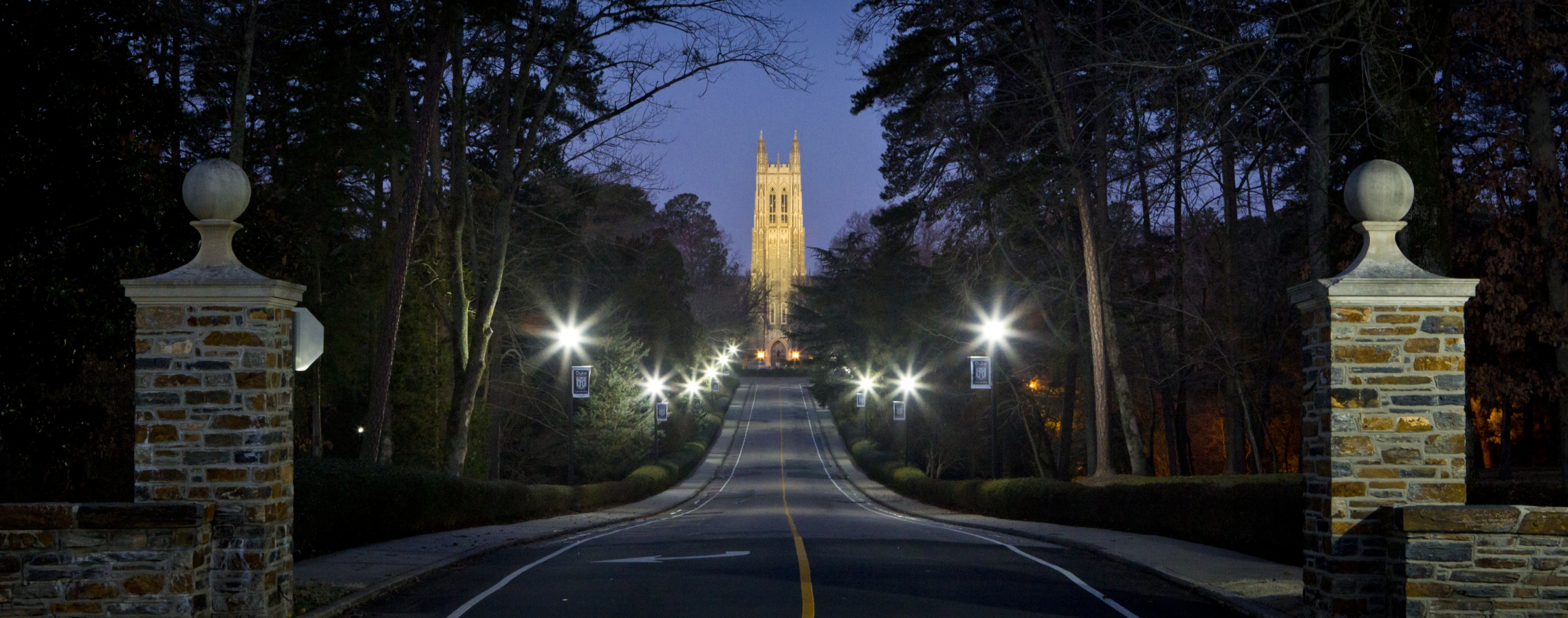 Duke Chapel and Chapel Drive at night