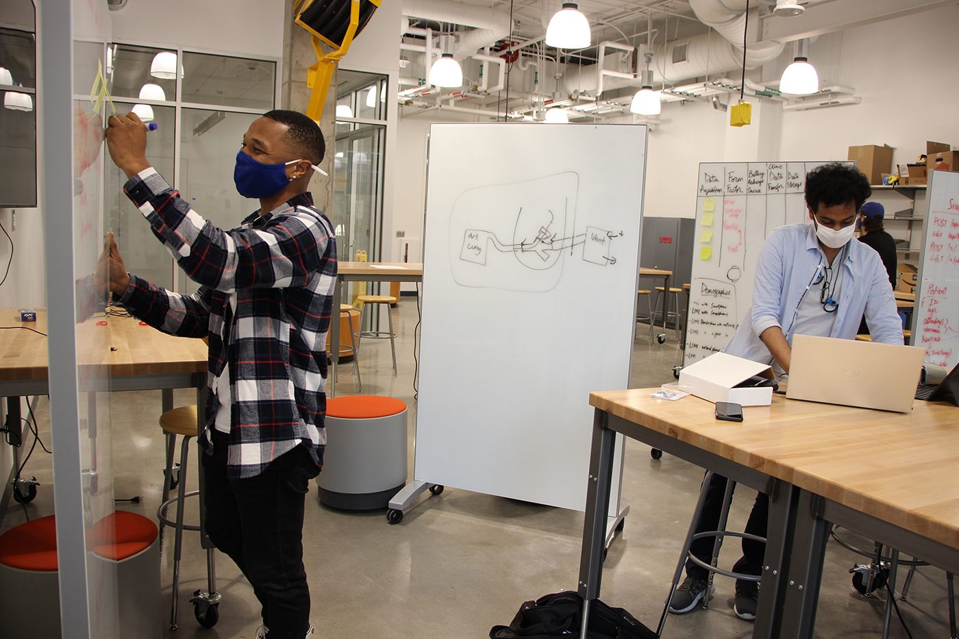 Design Health students plan out their prototype in the new design lab in the Wilkinson Building
