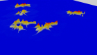 Red and yellow shaded ant-like shapes on a blue background 