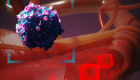 artistic graphic of cancer cell outside of a blood vessel with cubes outline within