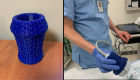 A cylindrical blue device next to a photo of it being used by a doctor to hold a white instrument 