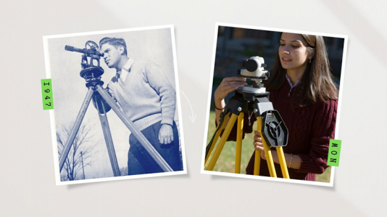 Two photos of people using surveying equipment 