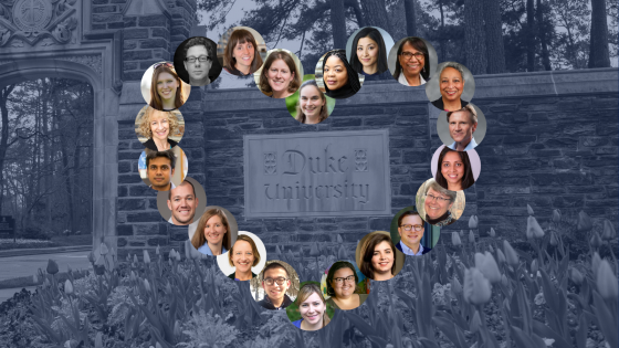 Headshots in a heart shape superimposed over an image of a Duke University sign 
