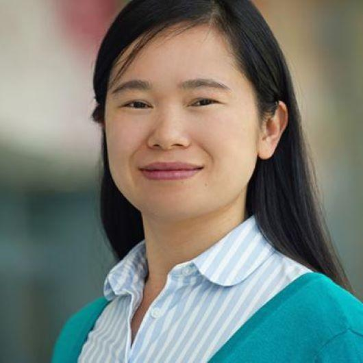 Image of Wenjing Wang, woman with long, dark hair wearing a blue and white striped shirt