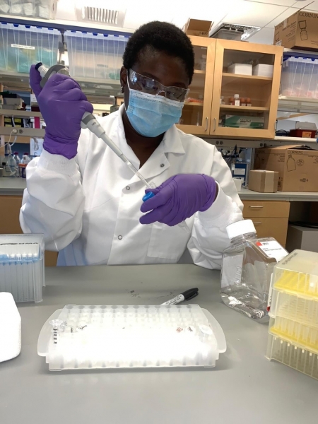 Titilola Kalejaiye prepares material for the lab so they can better understand how the virus enters kidney cells