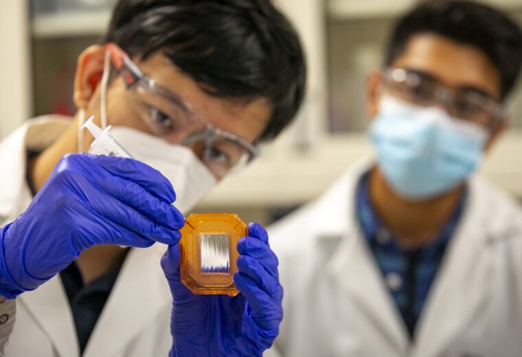 Students conduct an experiment in the Duke BME wet lab space