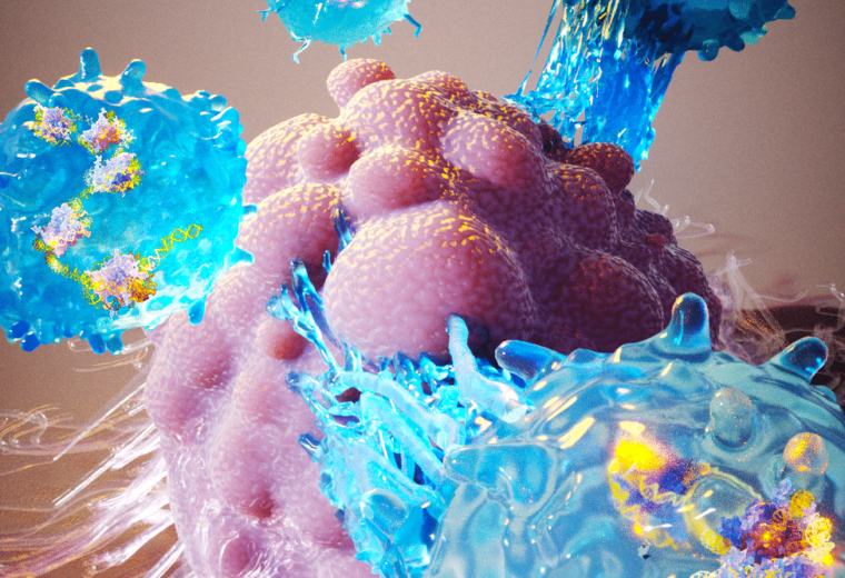 artistic rendering of CRISPR-enhanced T-cells attacking a tumor