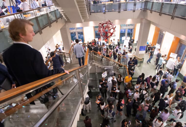 Crowd in the atrium of the Fitzpatrick Center at Duke University