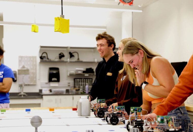 In ECE 110L’s Integrated Design Challenge (IDC), students demonstrate mastery of sensor data acquisition and processing. 2023’s IDC is Star Wars-themed; students build small robots that collect and process data on a tabletop-sized playing field.