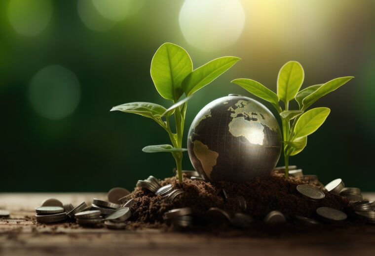 a small globe sitting between two small seedlings