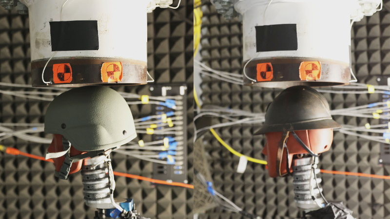 Two pictures side-by-side of a dummy head wearing a helmet beneath the opening of a large tube in a laboratory