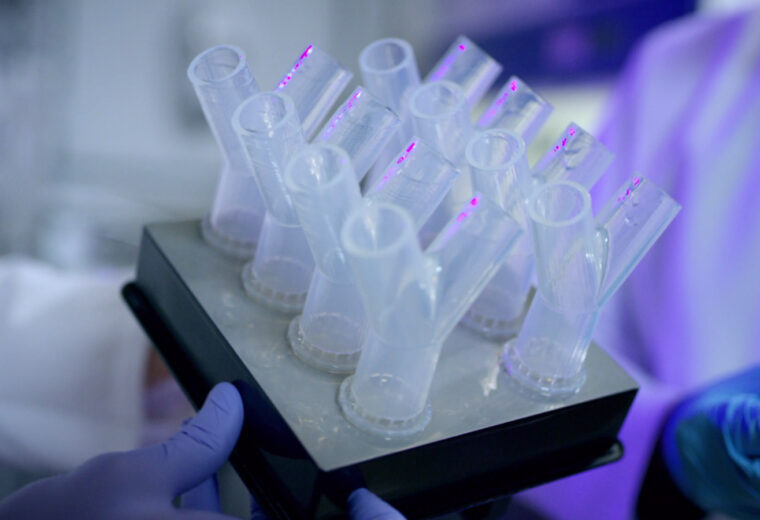gloved hands holds a tray with eight Y-shaped clear plastic tubes
