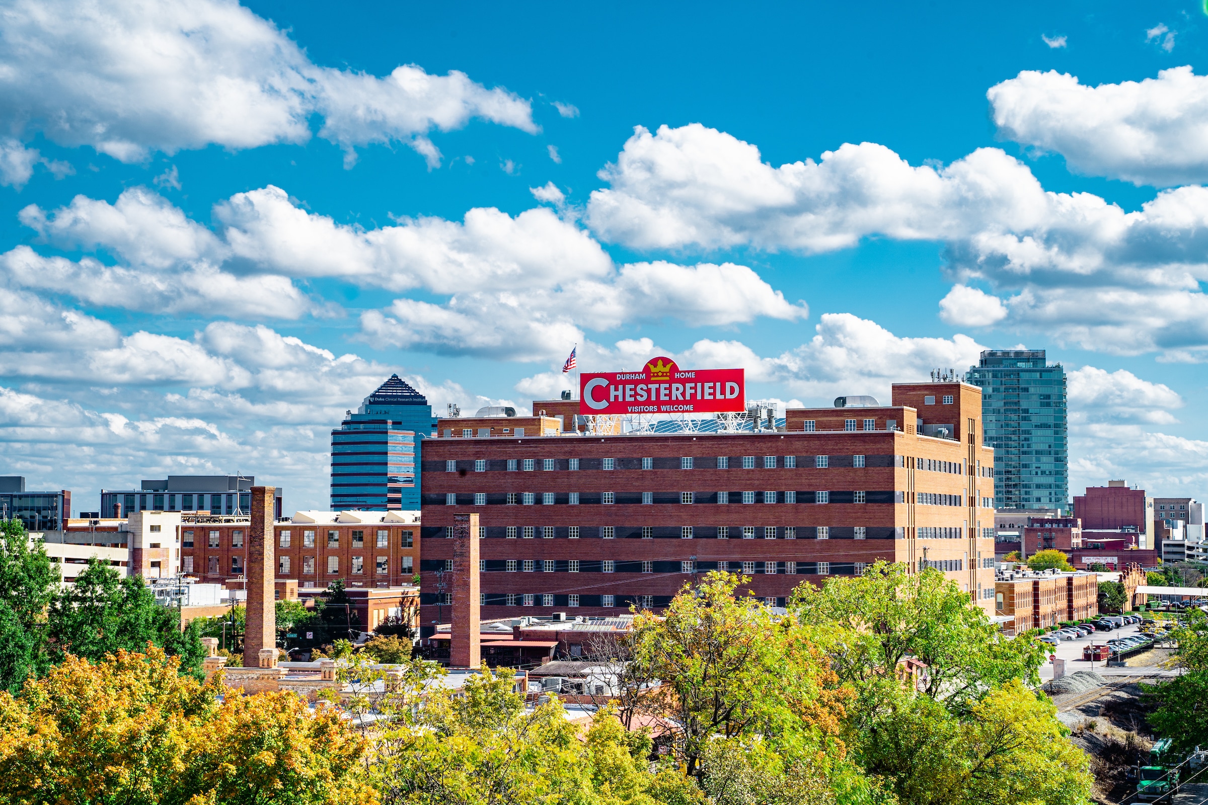 Blue sky over Durham skyline with Chesterfield building in foreground