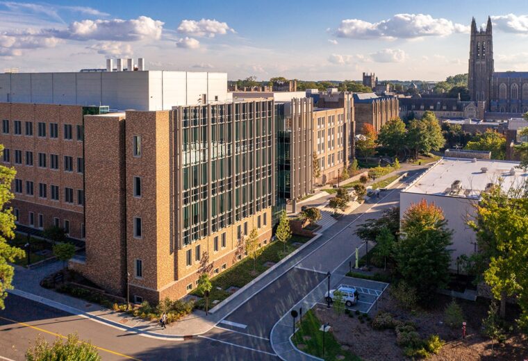 aerial view of Duke Chapel and Wilkinson Engineering Building