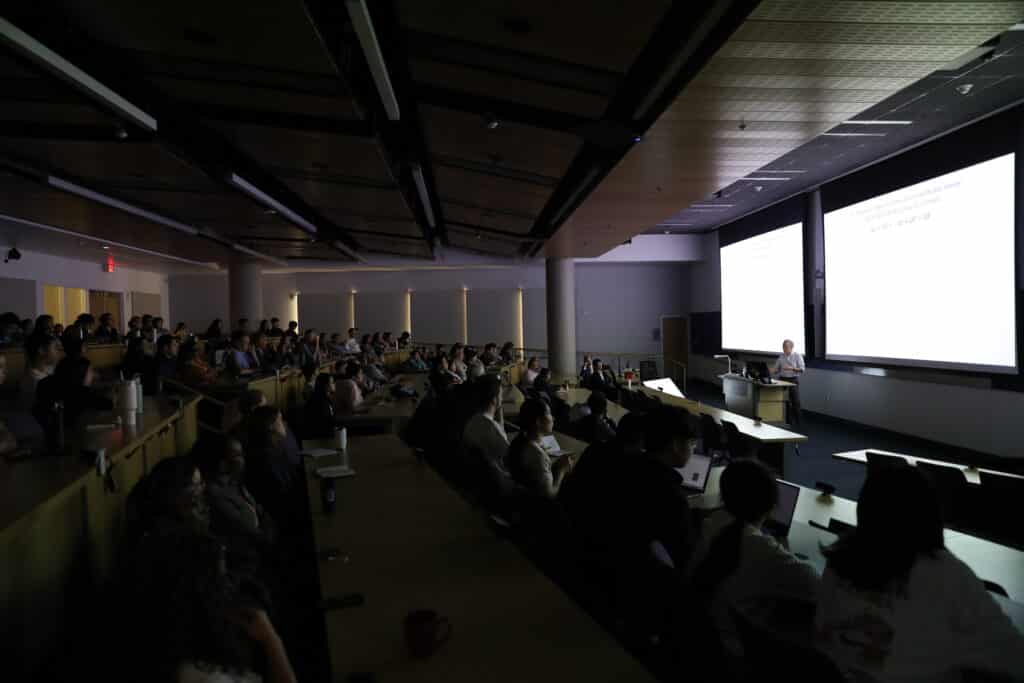Steven Chu speaks at the Duke BME Distinguished Speaker Seminar to the Duke BME community in the Wilkinson auditorium on April 3, 2025