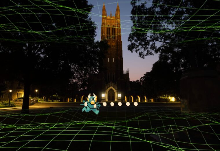 image of a 8-bit video game character overlaid an image of Duke Chapel