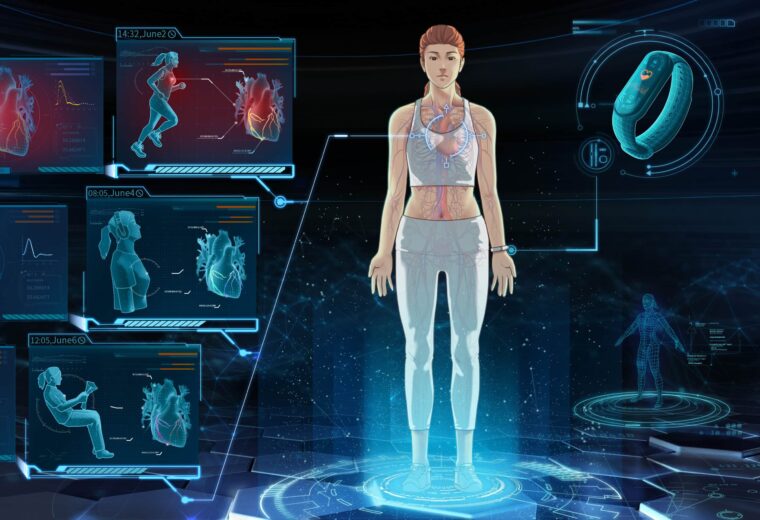 computer graphic of person wearing watch with wireframes of activities they could be doing